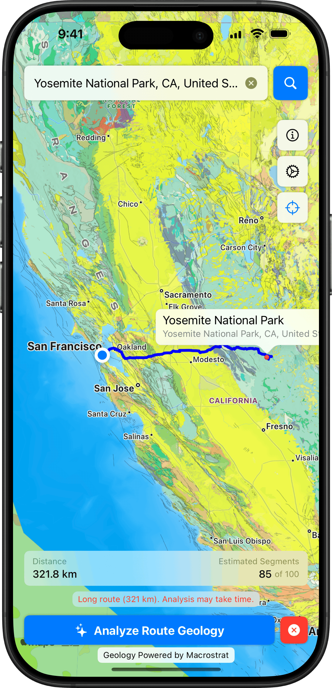 Backseat Geologist App - screenshot 4 - Route to Yosemite National Park